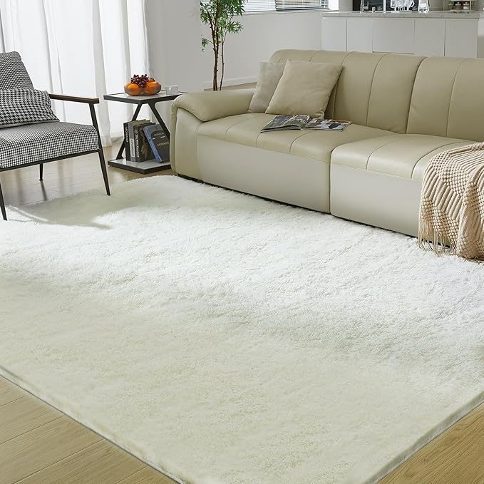 Ultra Soft Rug for Living Room, 9X12 Fluffy Shag Area Rug for Bedroom, Modern Shaggy Carpets Fuzzy Rug for Teens Dorm Nursery Home Decor Aesthetic, Upgrade Anti-Skid Durable, Cream White