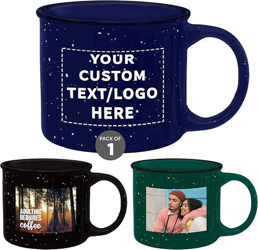 DISCOUNT PROMOS Custom Ceramic Campfire Coffee Mugs 13 oz. Set of 1, Personalized Bulk Pack - Perfect for Tea, Espresso, Cappuccino, Hot Cocoa - Blue