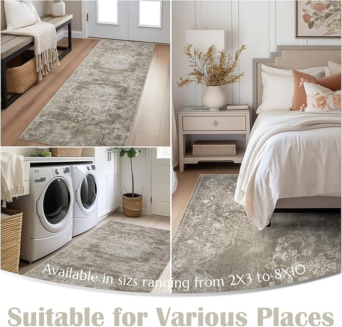 jinchan Hallway Runner Rug 2x10 Vintage Floral Distressed Design - Machine Washable Non-Slip Low-Pile Soft Thin Faux Wool Kitchen Carpet for Farmhouse Bedroom Laundry Room(2x10ft,Brown)