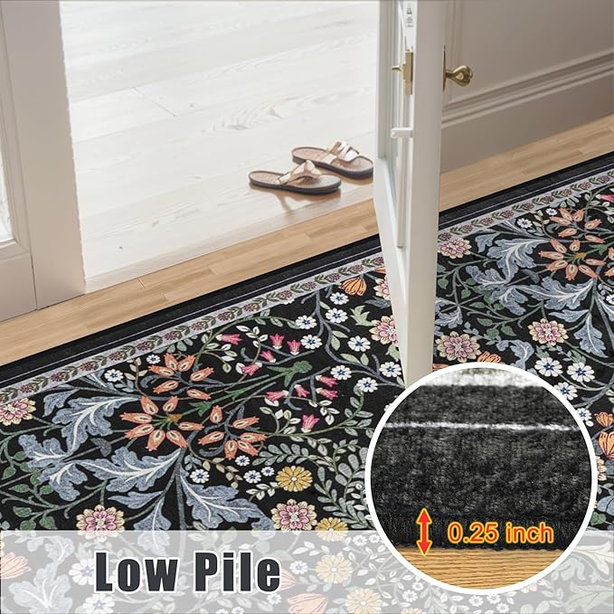 Runner Rug for Entryway: 2x10 Kitchen Rugs Non Slip Washable Ultra Soft Floral Carpet Indoor Stain Resistant Carpets for Hallway Bedroom Kitchen Laundry Bathroom Dorm Dark Black