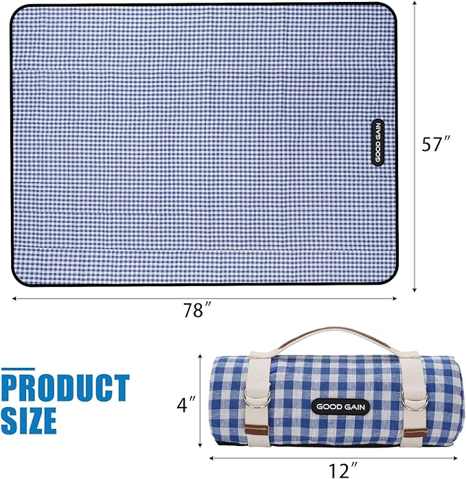 G GOOD GAIN Picnic Outdoor Blankets Waterproof Large - Beach Mat Sand Free Foldable with Carry Strap | Portable Camping Blanket | Park Blanket for Grass Park, Hiking, Travel, Concerts, Indoor (Blue)