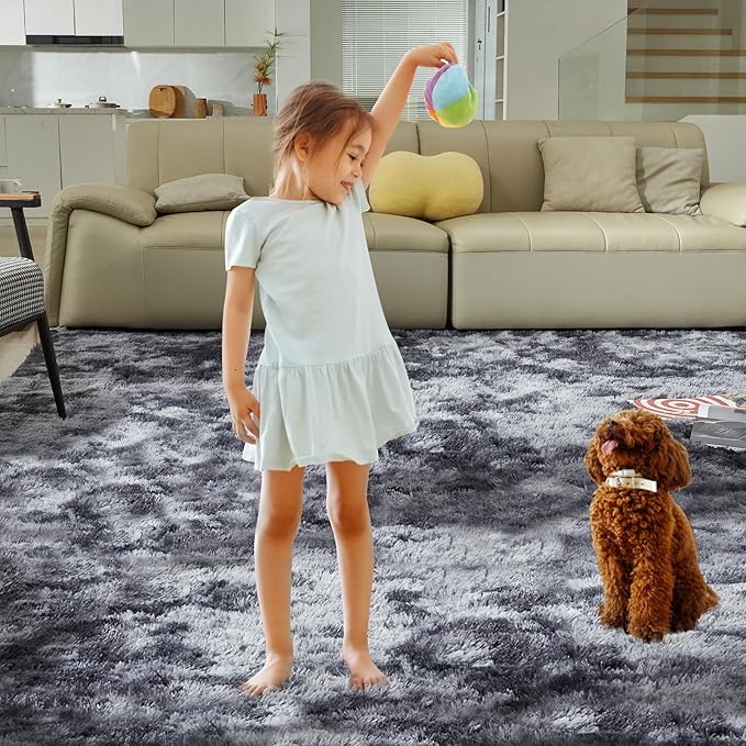 Ultra Soft Rug for Living Room, 6X9 Fluffy Shag Area Rug for Bedroom, Modern Shaggy Carpets Fuzzy Rug for Teens Dorm Nursery Home Decor Aesthetic, Upgrade Anti-Skid Durable, Tie Dye Black and Grey
