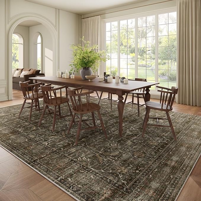 Washable 9x12 Area Rugs for Living Room, Boho Non-Slip Silicone Backing Rugs for Bedroom Dining Room Nursery Office, 0.3" Neutral Oriental Throw Carpet with 0.16" Cushioning Pad, Deep Brown/Multi