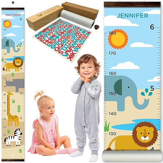 WISE OWL Personalized Growth Chart for Kids - Height Wall Chart for Boys with Peel & Stick Letters for Name - Hanging Canvas Wall Measurement Height Tracker for Baby Gift (Safari)