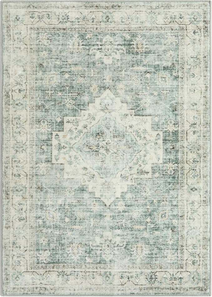LIVEBOX Washable Area Rug 5x7 Rugs for Living Room Bedroom, Non-Slip Boho Indoor Carpet for Dining Room Office, Low-Pile Farmhouse Soft Carpets for Kids Nursery Playroom, Sage Green
