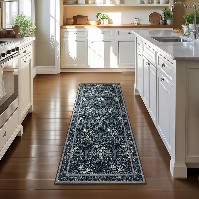 Joydeco Floral Washable Runner Rug for Kitchen, Forest Hallway Rug Runner 2x6 Non Slip, Boho Botanical Ultra-Thin Soft Indoor Floor Throw Carpet for Bathroom Entryway Foyer, Blue-Black