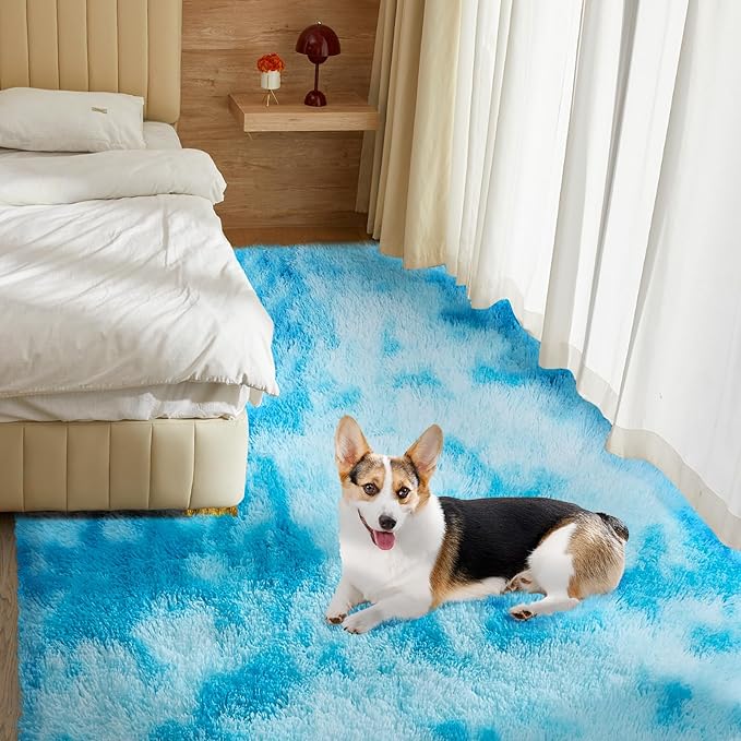 Ultra Soft Rug for Living Room, 3X5 Fluffy Shag Area Rug for Bedroom, Modern Shaggy Carpets Fuzzy Rug for Teens Dorm Nursery Home Decor Aesthetic, Upgrade Anti-Skid Durable, Tie-Dyed Blue