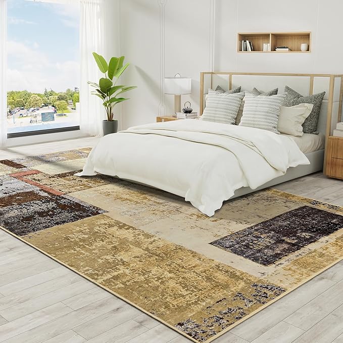 LOCHAS Rug for Living Room, Washable Soft Area Rugs for Bedroom 6x9, Abstract Carpet for Indoor Office Kids Dining Room Nursery Floor, Khaki Geometric Vintage Home Decor, Non Slip, Pet Child Friendly