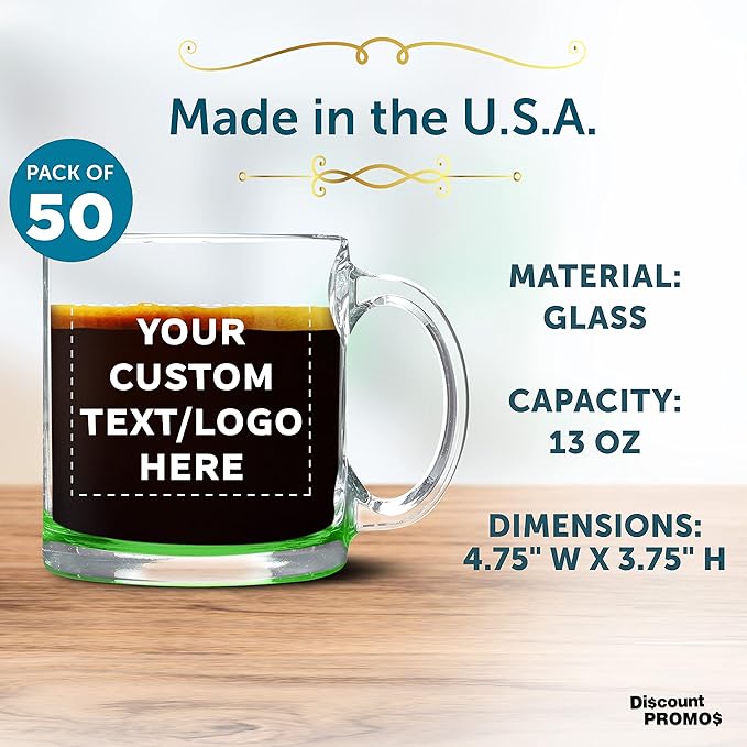 Custom Libbey Clear Glass Coffee Mugs 13 oz. Set of 50, Personalized Bulk Pack - Perfect for Coffee, Tea, Espresso, Hot Cocoa, Other Beverages - Green Bottom