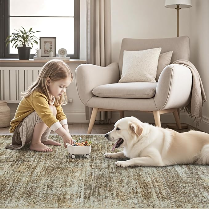 Washable Rug 6x9 Area Rugs, Abstract Large Living Room Rugs with Non-Slip Backing, Thin Carpet for Dorm Dining Room Table Nursery Indoor Home Office-Brown