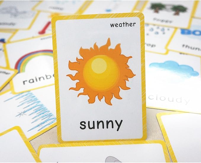 22 Weather Flash Cards(pre k flashcards) - Classroom Decorations and Early Learning Kindergarten Teacher Tools - Flash Cards Hole Punched - with 1 Ring -So You Can Sort and Organize The Cards Easily