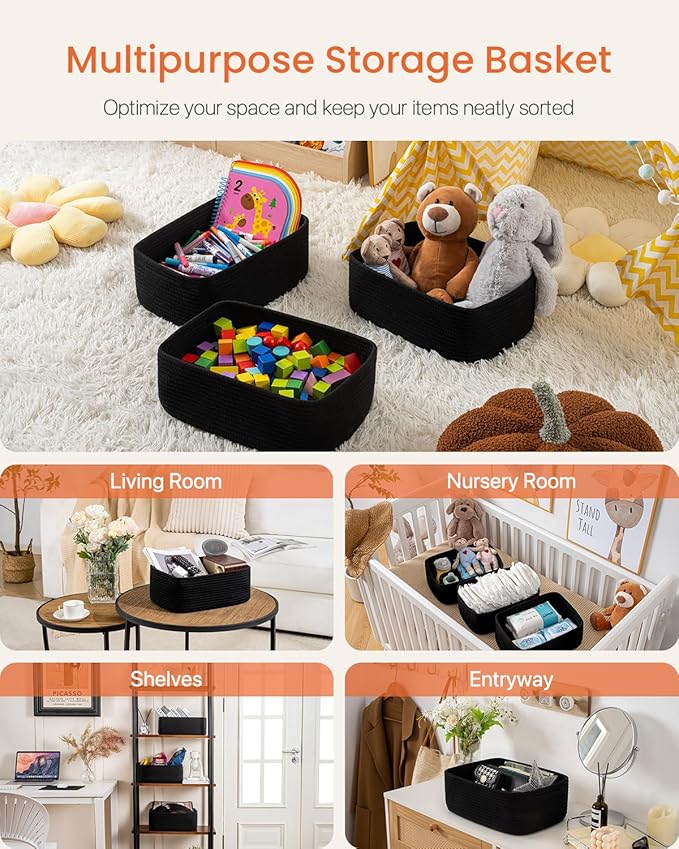 KALLAX Small Woven Basket, 13.5 x 9.5 x 5 Inches, Storage Basket for Organizing, Cute Small Rope Shelf Closet Cube Storage Bins Baskets for Shelves, Dog Toy Gift Baskets Empty, 3 Packs, Black