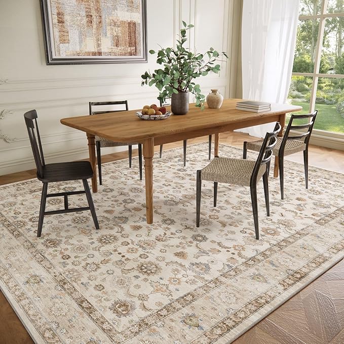 Washable Area Rugs for Living Room: 5x7 Bedroom Rug Boho Vintage Area Rug Stain Resistant Non Slip Low Pile Lightweight Soft Carpets for Dining Room Kitchen Nursery Kids Room Playroom Home Office