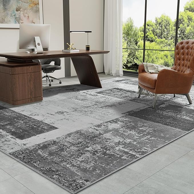 LOCHAS Rug for Living Room, Washable Soft Area Rugs for Bedroom 6x9, Abstract Carpet for Indoor Office Kids Dining Room Nursery Floor, Grey Geometric Vintage Home Decor, Non Slip, Pet Child Friendly