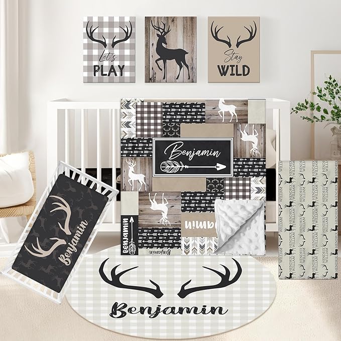 Personalized Woodland Deer Crib Set - 5 Pcs Nursery Bedding Set With Double Layer, Soft Bedding Sets For Boys, Girls, Toddlers, Infants