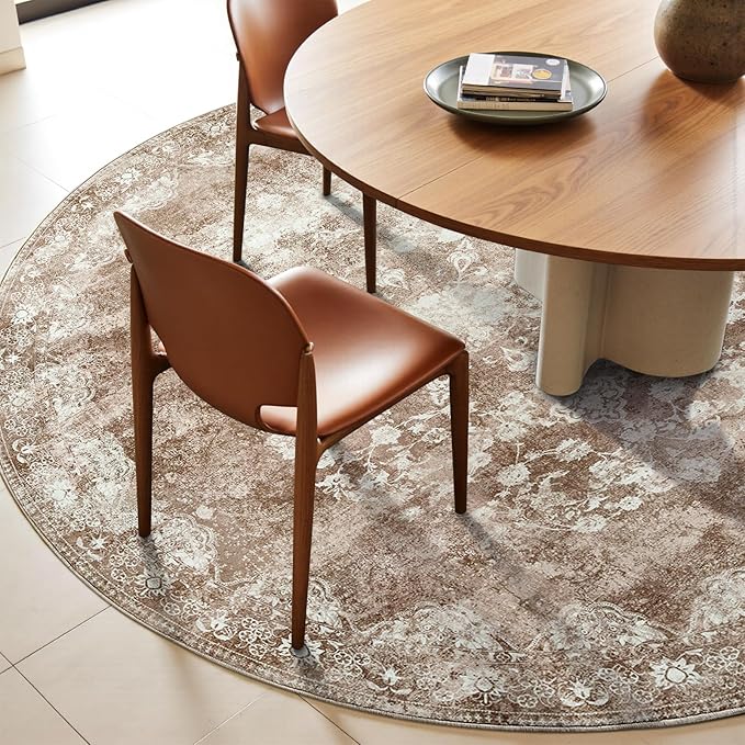 jinchan Round Rug 6ft Area Rug - Brown Vintage Floor Mat Kitchen Indoor - Washable Circle 6' Thin Floral Print Carpet Retro Farmhouse Non Slip Dining Room Living Room Bedroom Office