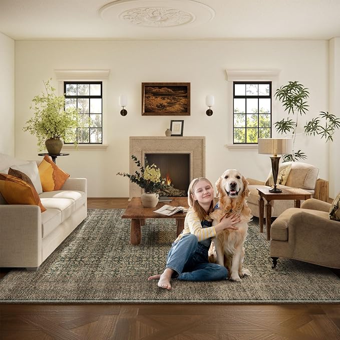 Machine Washable Rugs for Living Room: 8x10 Area Rugs Boho Vintage Rugs Stain Resistant Non Slip Low Pile Soft Lightweight Carpet for Bedroom Kitchen Dining Room Nursery Kids Room Farmhouse