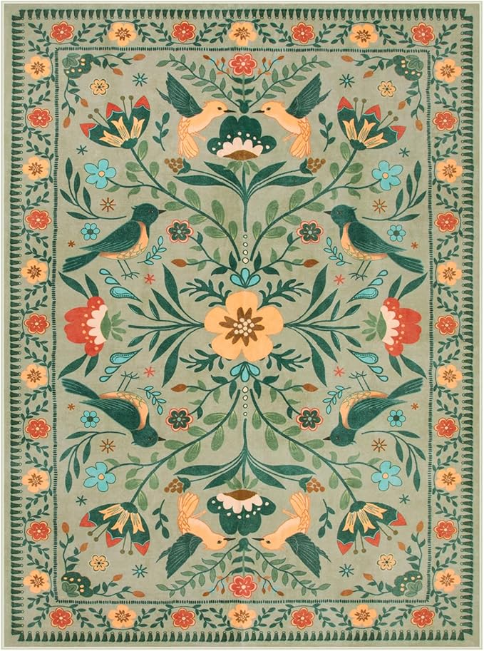 Moynesa Area Rugs 9x12 Living Room Washable, Ultra Thin Soft Boho Bird Bedroom Rug Easy Clean, Low Pile Indoor Multi Color Large Sage Green Carpet for Dining Room Kid Playroom Nursery