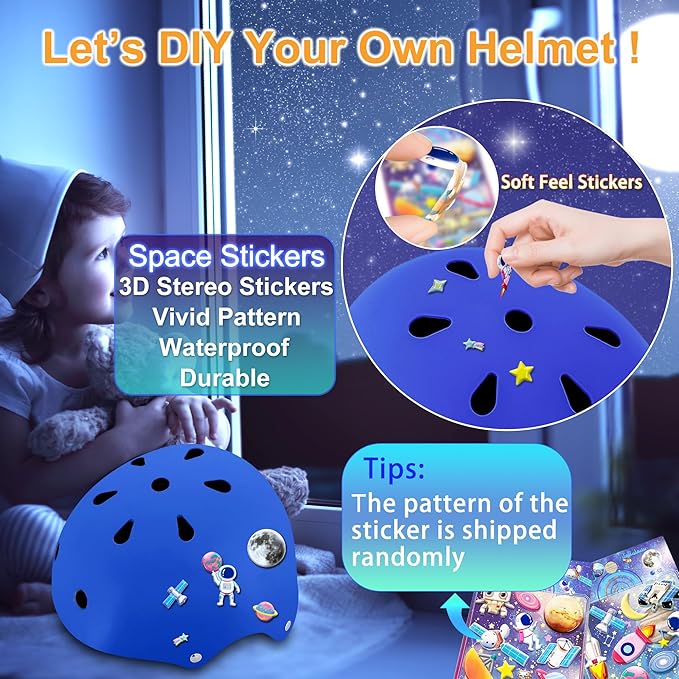 Kids Bike Helmet with DIY Stickers and Knee Pads Elbow Pads Wrist Guard Set for Ages 3-8-14 Toddler Boys Girls Helmet for Roller Skates Cycling Skateboarding Bicycle Scooter