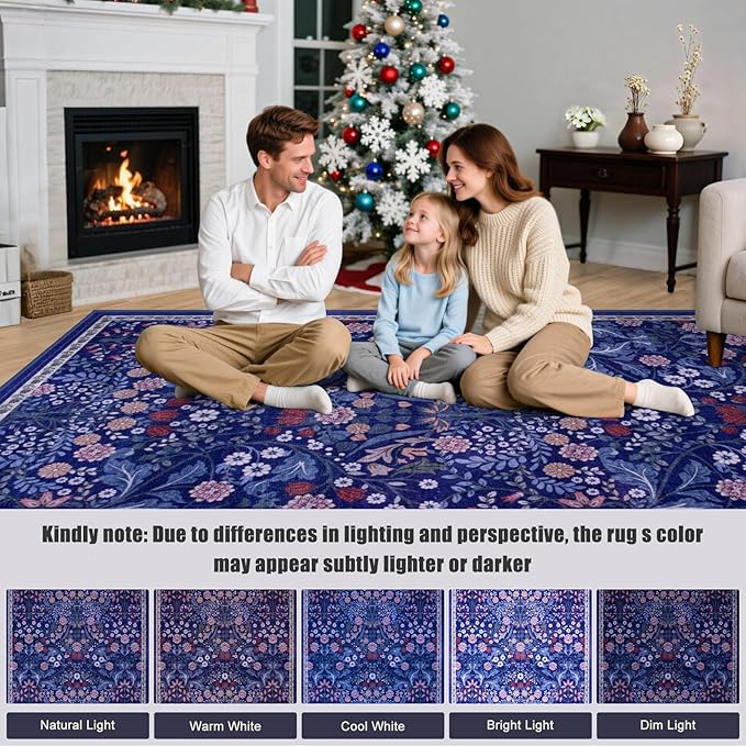 Area Rugs 9x12 Living Room: Floral Washable Rug Vintage Large Soft Boho Non-Slip Carpet Indoor Floor Stain Resistant Low Pile Carpets for Bedroom Dining Room Farmhouse Nursery Home Office Blue