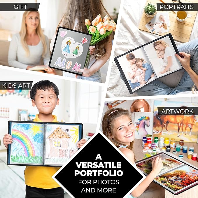 Dunwell Photo Album 8x10 (Silver) with Black Mounting Paper, 8 x 10 Photo & Art Portfolio Presentation Book, 24 Sleeves, Displays 48 Pages, Professional Photography Book for Pictures, Artwork