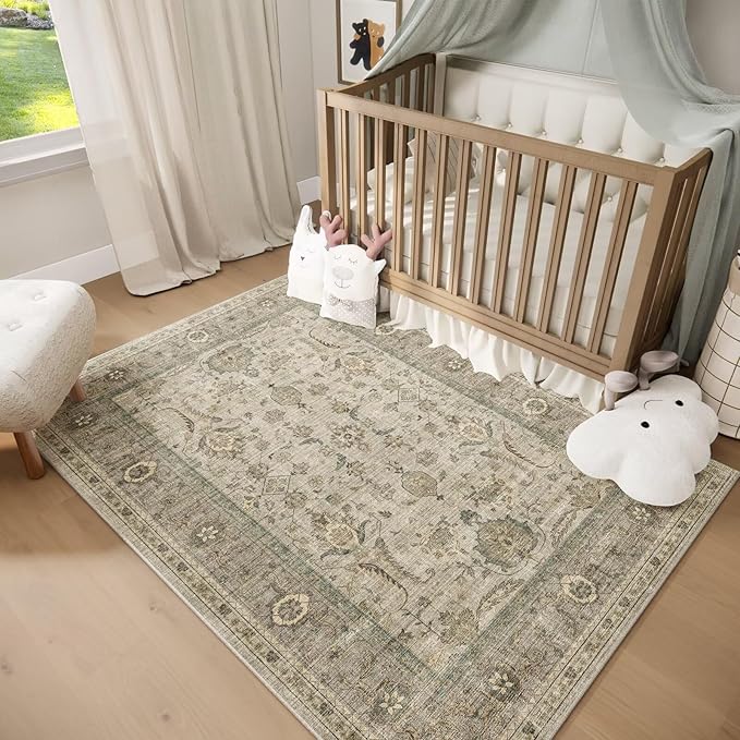 Washable 4x6 Rugs for Living Room, Boho Non-Slip Silicone Backing Small Rugs for Bedroom Nursery Office, 0.3" Neutral Oriental Throw Carpet with 0.16" Cushioning Pad, Light Brown/Multi