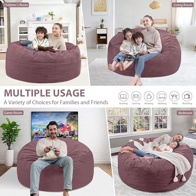 3FT Bean Bag Chair, Comfy Bean Bag Chairs with Memory Foam Filled, Fluffy Beanbag Sofa with Dutch Velvet Cover, Round BeanBag Chairs for Living Room, Playroom - Dusty Pink