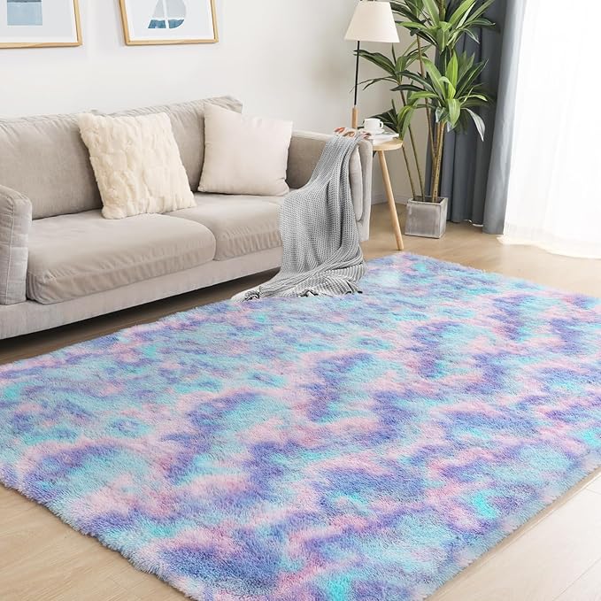 Rainbow Rug for Girls Room, 5x7 Fluffy Area Rugs for Bedroom, Colorful Kids Rug Cute Anti-Skid Indoor Carpet for Nursery, Living Room, Playroom, Home Decor