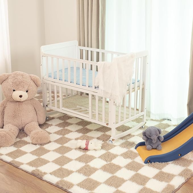 Super Soft Rug for Bedroom, 5x7 Ft Beige and White Area Rug Classic Checkered Shaggy Anti-Skid High Pile Soft Fluffy Rug Fuzzy Carpet for Living Room Bedroom Kids Room Nursery, Dorm Home Decor