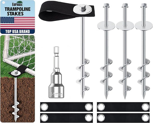 Eurmax USA Ground Anchors Screw in Trampoline Anchors High Wind Tent Stakes Heavy Duty Ground Stakes Trampoline Stakes Anchor Kit Set of 4 Bonus 4 Strong Belt (Silver)