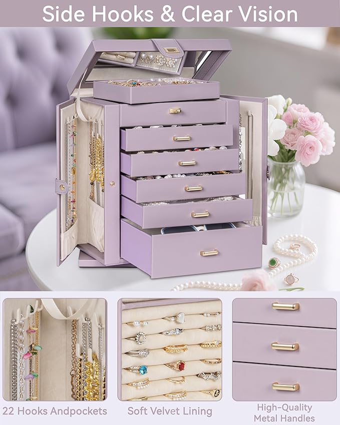 AKOZLIN 360° Rotating Jewelry Box 6-Tier Organizer Functional Jewelry Storage Case for Women Girls Ring Necklace Earring Bracelet Holder with Mirror Purple