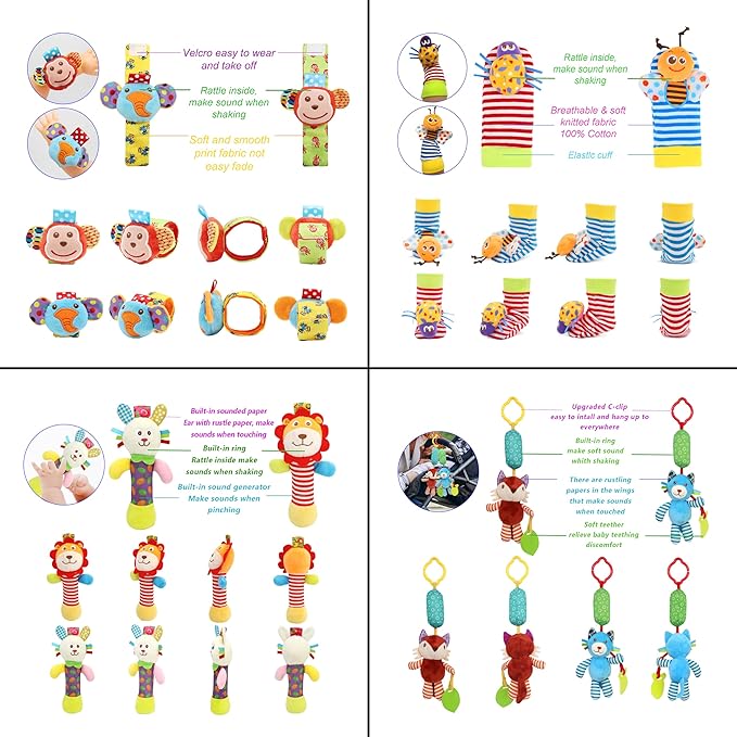 Wrist Rattles Foot Finder Rattle Sock Baby Toy, Hanging Rattle Toy, Arm Hand Bracelet Rattle, Feet Leg Ankle Socks, Activity Rattle Present Gift for Newborn Infant Babies Boy Girl Bebe (12 D)