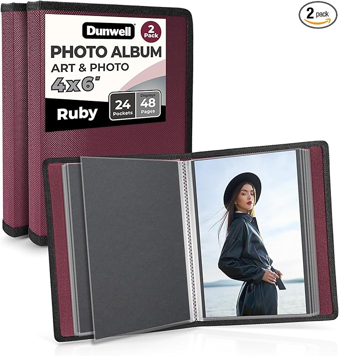 Dunwell Small Photo Album 4x6 (2-Pack, Ruby), Mounting Paper, 4 x 6 Photo & Art Portfolio Presentation Binder, 24 Sleeves Display 48 Pages, Professional Mini Picture Book for Artwork, Postcards