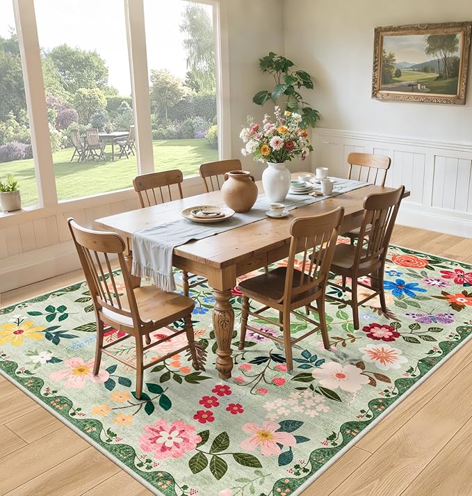 10x12 Area Rugs for Living Room: Floral Washable Rug Vintage Large Soft Boho Non-Slip Carpet Indoor Stain Resistant Low Pile Carpets for Bedroom Dining Room Farmhouse Nursery Hallway Home Office Green