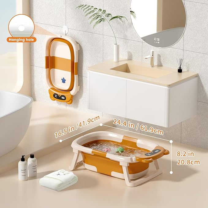 Collapsible Baby Bathtub with Soft Towel and Floating Cushion, Infant Bathtub for Newborn to Toddler (0-18 Month), Portable Baby Bath Tub for Travel (Brown Bear)