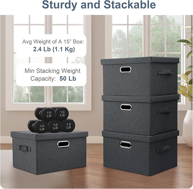 Medium 15" 21 Quart Collapsible Stackable Storage Bins with Lids, 5 Packs Dark Gray Foldable Fabric Closet Storage Boxes with Lids, Lidded Heavy-duty Linen Baskets(15x11x8)