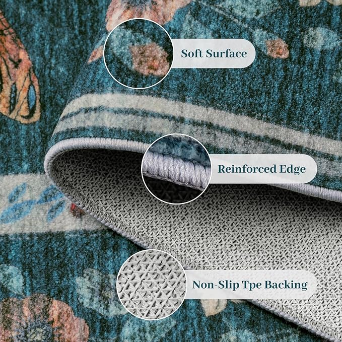 3x5 Washabl Rug with Insect Print - Bug Rug Non-Shedding Stain Resistant Soft Small Carpet for Bedroom, Low Pile Ultra-Thin Machine Washable Carpet for Nursery,Entrance, Office (3'x5' Teal)