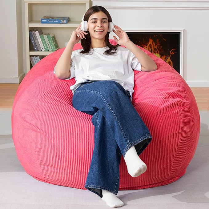Homguava 3.5FT Bean Bag Chair: Teardrop Bean Bags with Memory Foam Filled, Compact Beanbag Chairs Soft Sofa with Corduroy Cover (Pink)