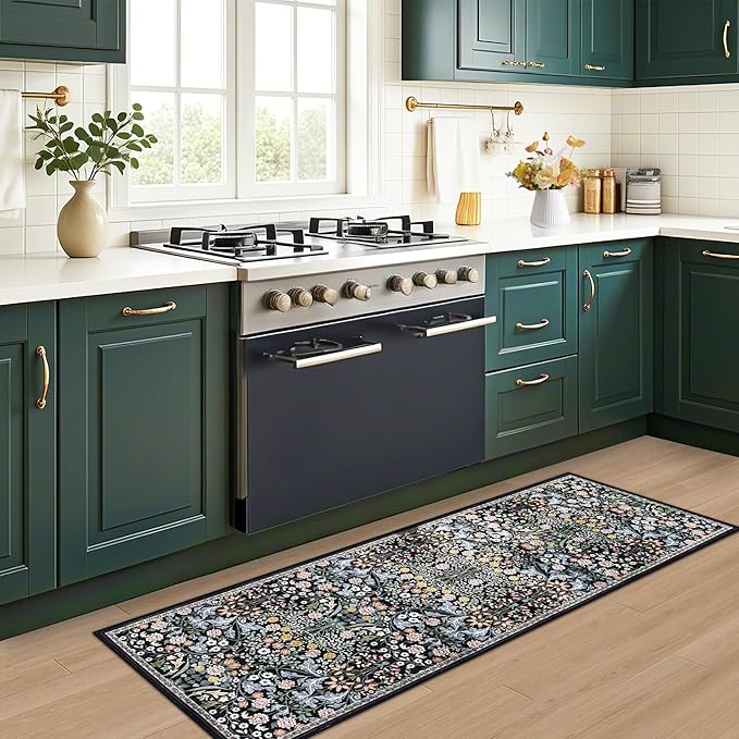 Runner Rug for Entryway: 2x10 Kitchen Rugs Non Slip Washable Ultra Soft Floral Carpet Indoor Stain Resistant Carpets for Hallway Bedroom Kitchen Laundry Bathroom Dorm Dark Black