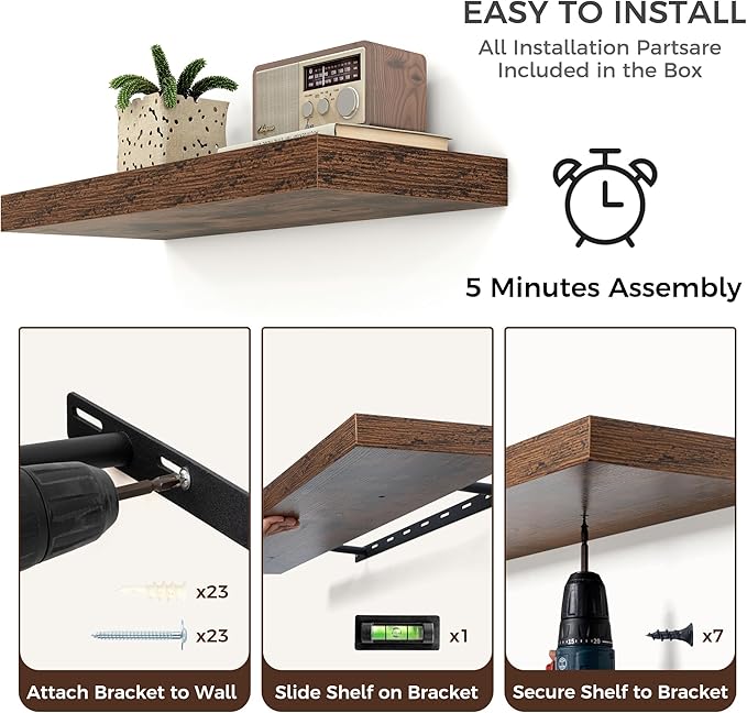 Floating Shelves - 2 Large Wall Mounted Shelves with Invisible Brackets, Long Wood Floating Wall Shelf for Living Room, Bedroom, Kitchen (Brown, 48" W x 9" D x 1.5" H)