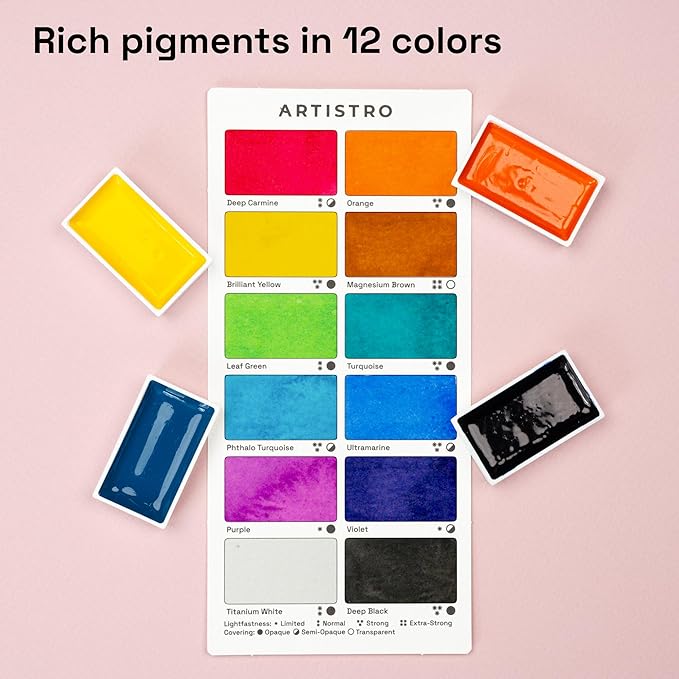 ARTISTRO Professional Watercolor Paint Set for Adults - 12 Pigment-Rich Colors, XL Pans, ASTM-I Lightfastness, High Tinting Strength Watercolor Set for Professionals made by professionals