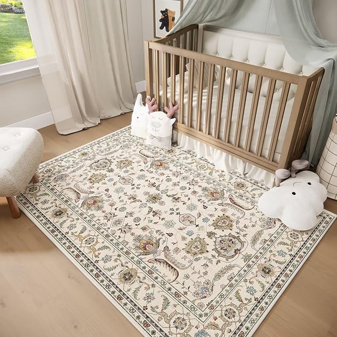 Washable 3x5 Entryway Rug Indoor, Boho Non-Slip Silicone Backing Small Rugs for Kitchen Nursery Office Bedroom, 0.3" Neutral Oriental Throw Carpet with 0.16" Cushioning Pad, Light Beige/Multi