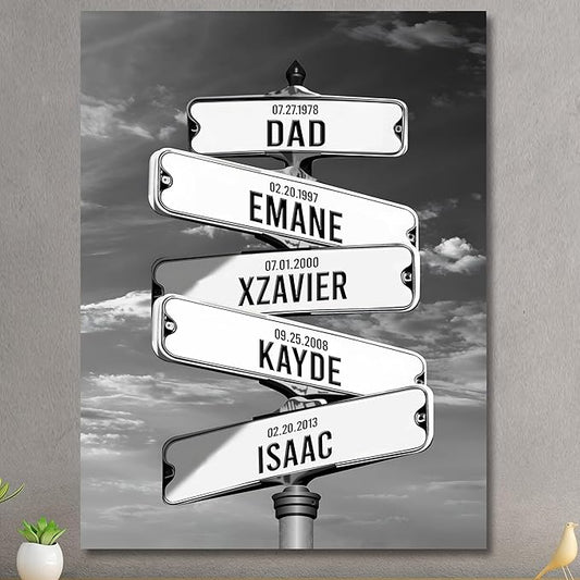 Personalized Father's Day Family Names Street Custom Multi-Name Date of Birth Vintage Street Sign Happy Fathers Day Poster Canvas Wall Art Best Gifts for Dad Husband from Daughter Son Wife Kids #1