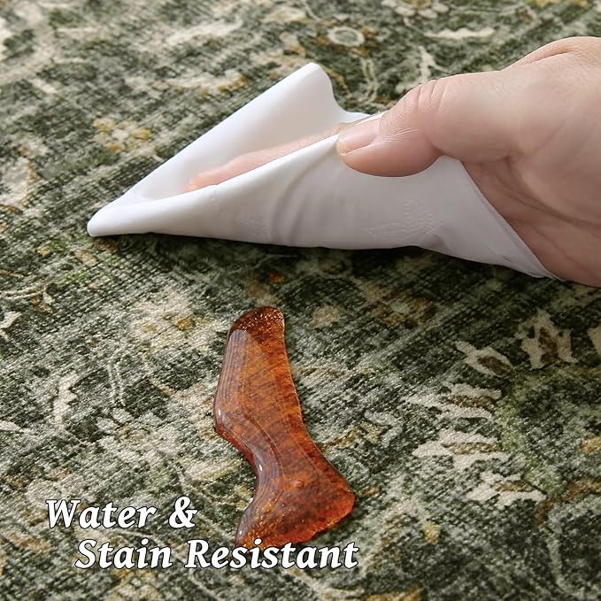 Washable 5x7 Area Rugs for Living Room, Boho Non-Slip Silicone Backing Rugs for Bedroom Dining Room Nursery Office, 0.3" Neutral Oriental Throw Carpet with 0.16" Cushioning Pad, Grass Green/Multi