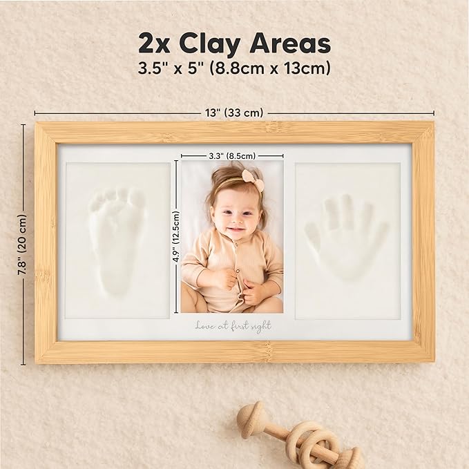 Baby Hand and Footprint Kit - Clay Handprint Keepsake Frame, Newborn Nursery Picture Frame, Personalized New Mom Gifts for Baby Shower & Registry (Bamboo)