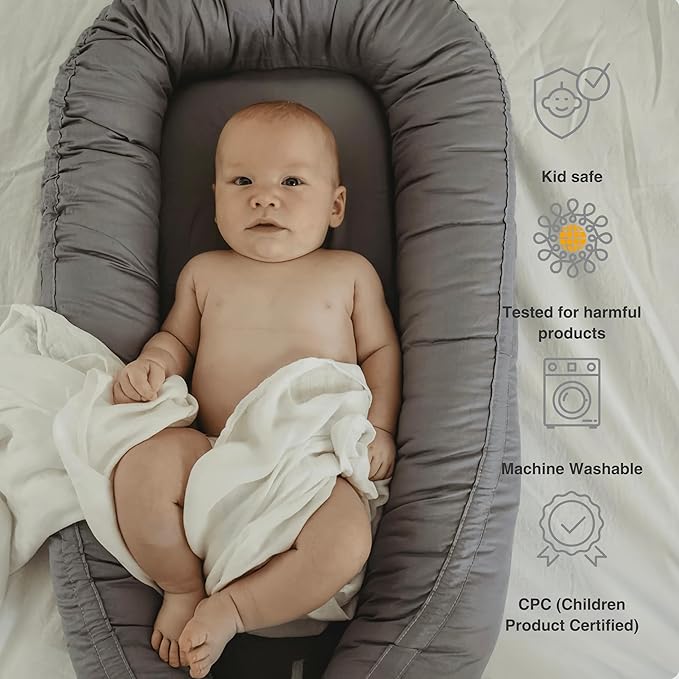 Infant Lounger, Baby Nest Cover for Baby Girls & Boys, Newborn Essentials for Baby 0-18 Months, 100% Cotton Breathable (Slate_Gray)