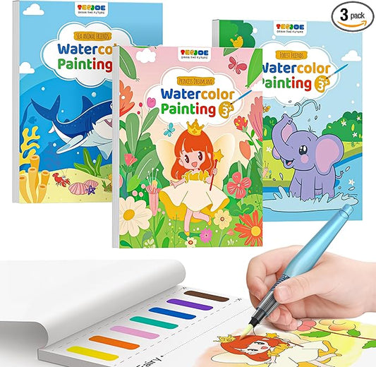 TECJOE 3 Pack Paint with Water Coloring Books for Toddlers, Watercolor Paint Set with 6 Brushes, Painting Activity for Kids Ages 4 5 6 7 8, Birthday Gifts Arts & Crafts Toy, Princess, Forest & Sea