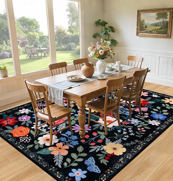 Area Rugs 9x12 Living Room: Floral Washable Rug Vintage Large Soft Boho Non-Slip Carpet Indoor Floor Stain Resistant Low Pile Carpets for Bedroom Dining Room Farmhouse Nursery Home Office Black