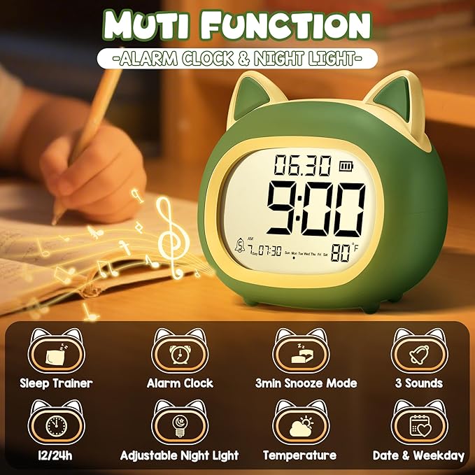 Kids Alarm Clock with Night Light for Kids, Small Digital Alarm Clocks for Bedrooms, Routine Builder, Cute Cat Alarm Clock with Sleep Training, Snooze, 12/24H, Date & Day, Temperature, USB Port