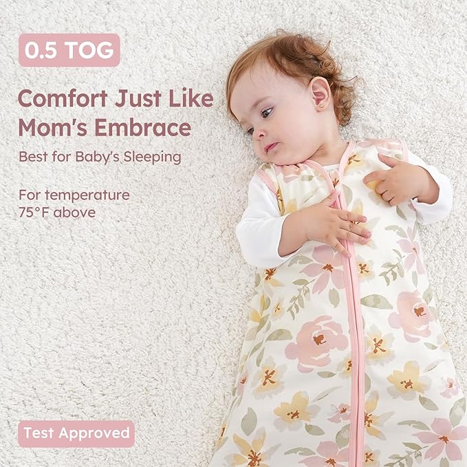 Baby Sleep Sack 18-24 Months 3 Pack 100% Cotton Lightweight 0.5 TOG Wearable Blanket Baby Sleep Bag with 2-Way Zipper for Newborn Infant Pink Flowers & Leaf